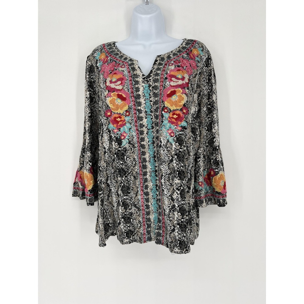 Savanna Jane Blouse Womens Large Multicolor Embroidered Boho Bell Sleeve Tunic